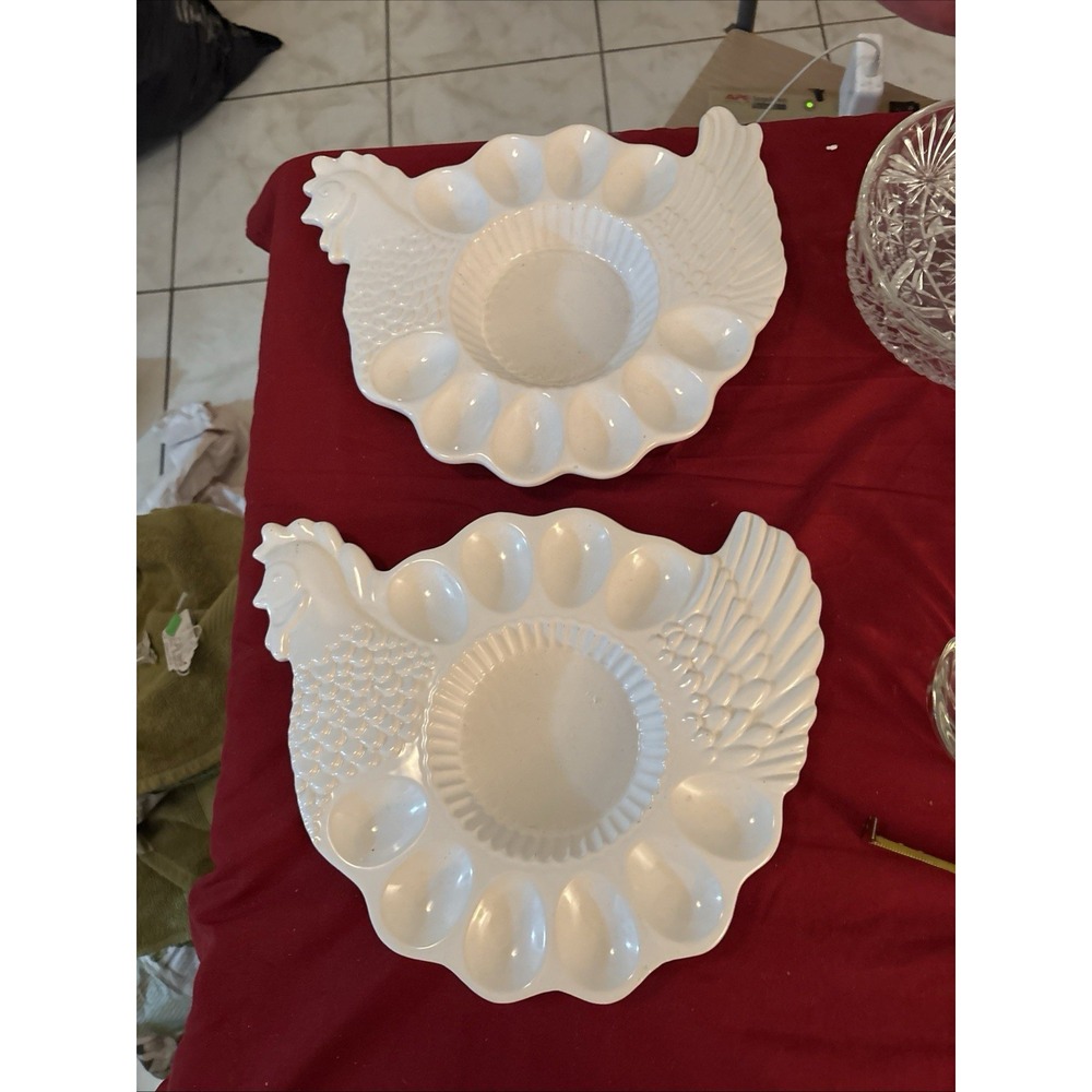 VTG White Ceramic Hen Chicken Deviled Egg Platter Tray Set  2 (12 Slots Each 13